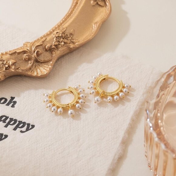 Pearl Hoop Earrings Gold 14K Women's Romantic Wedding Elegant Gift - Picture 5 of 7